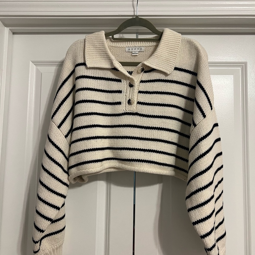 HYFVE Cream and Black Button-Up Sweater